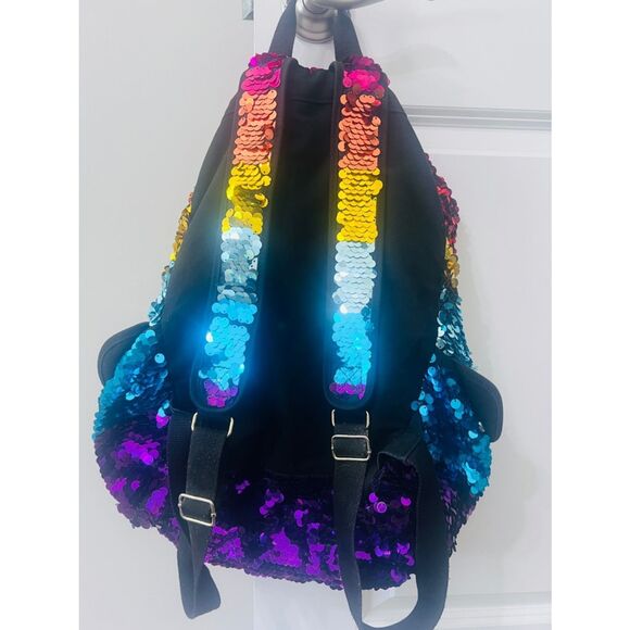 Rare Pink Victoria’s Secret rainbow Sequins Bling Backpack  EUC limited Editio